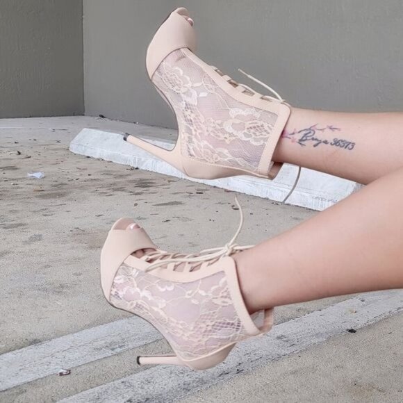 Women Ankle Open Toe High Heel Booties Lace Up Nude Color - Picture 3 of 6
